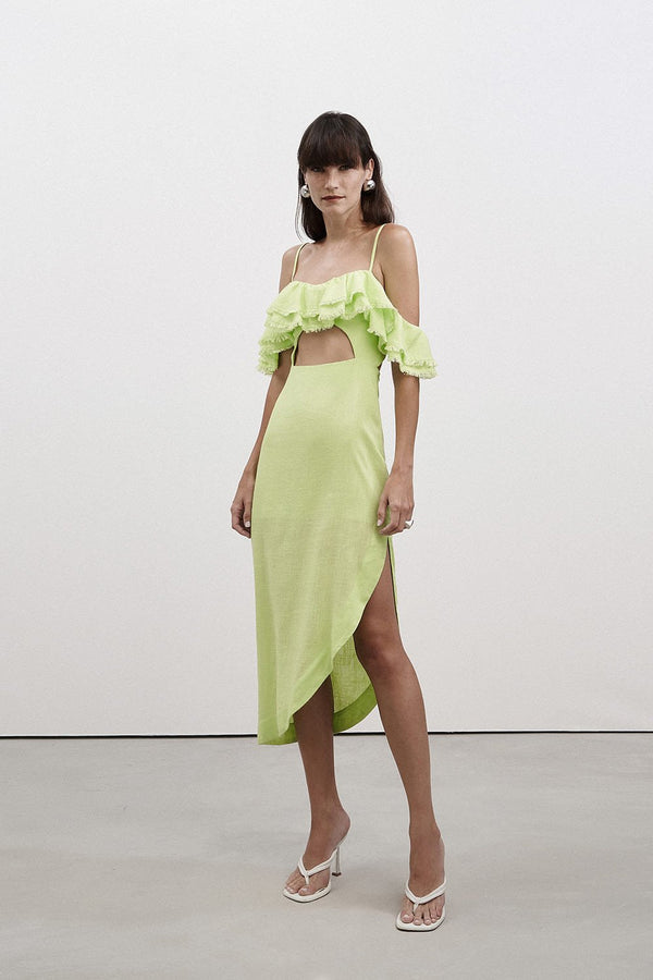 Vestido Midi Decote Babado Verde Limão Tufi Duek -SALE