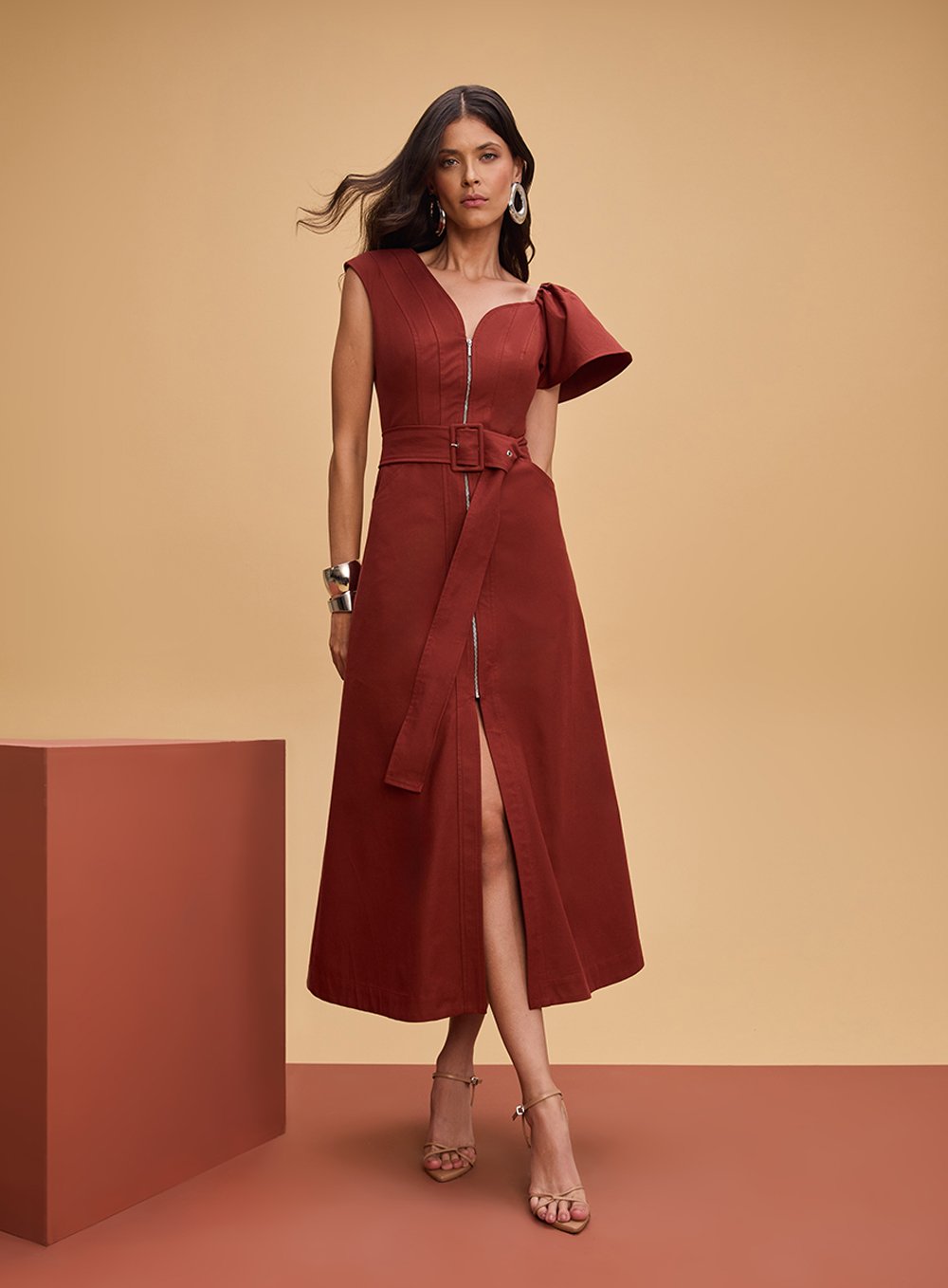 Vestido Midi Decote Curvado Marrom Tufi Duek -SALE