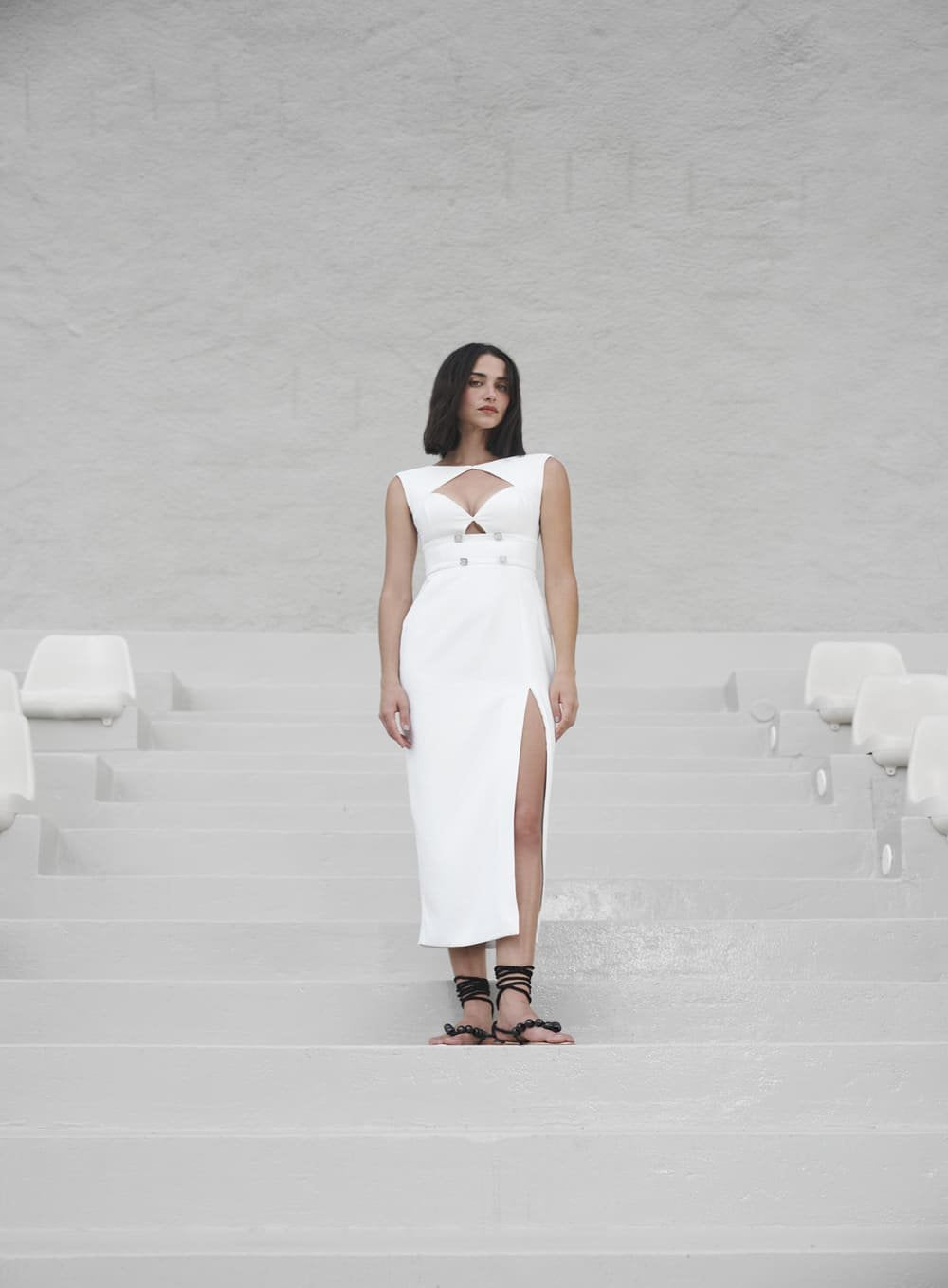 Vestido Midi Decote Losango Off White Tufi Duek -SALE