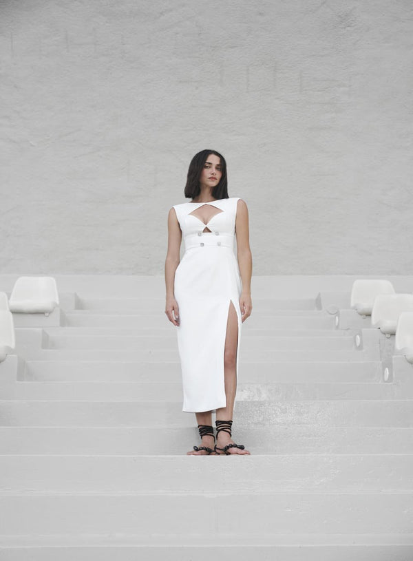 Vestido Midi Decote Losango Off White Tufi Duek -SALE