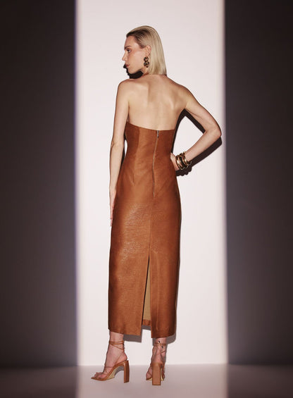Vestido Midi Frente Única Lurex Linen Marrom Tufi Duek -SALE