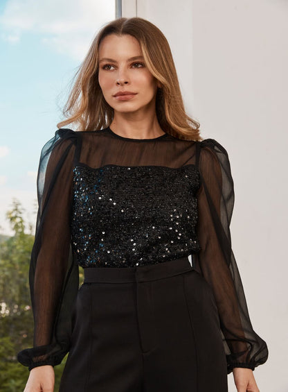 Blusa Manga Chiffon Preto Skazi -SALE