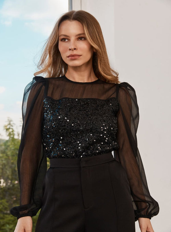 Blusa Manga Chiffon Preto Skazi -SALE