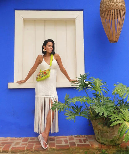 Vestido Off White em Tricot Franjas Tufi Duek