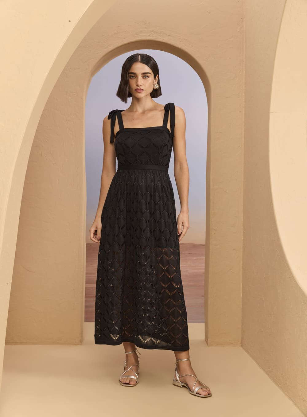 Vestido Midi Tricot Alca Larga Bege Skazi -SALE