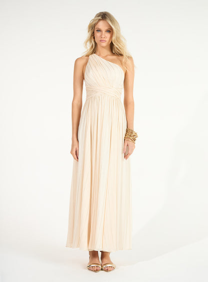 Vestido Bege com Dourado Ombro Só Plissado com Listras Skazi