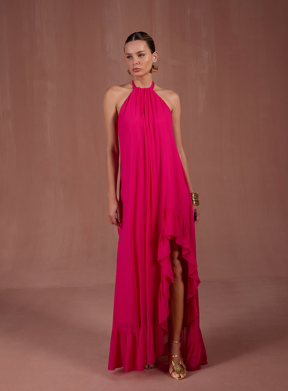 Vestido Rosa em Crepe Abertura Skazi