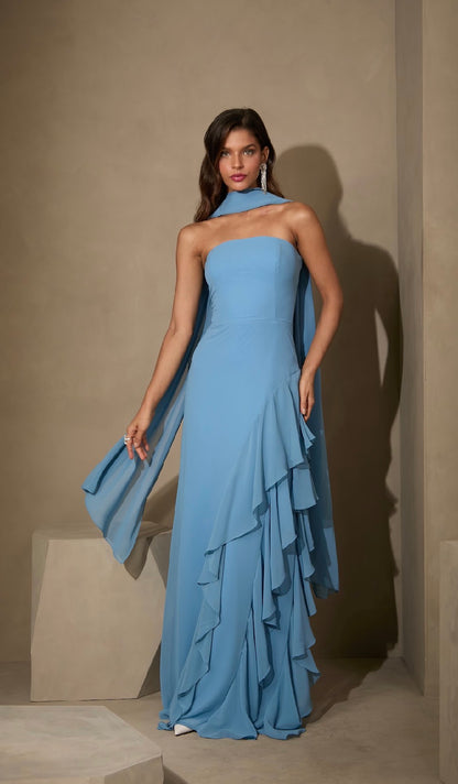 Vestido Vermelho ou Azul Longo com Detalhes de Babados – Amicci