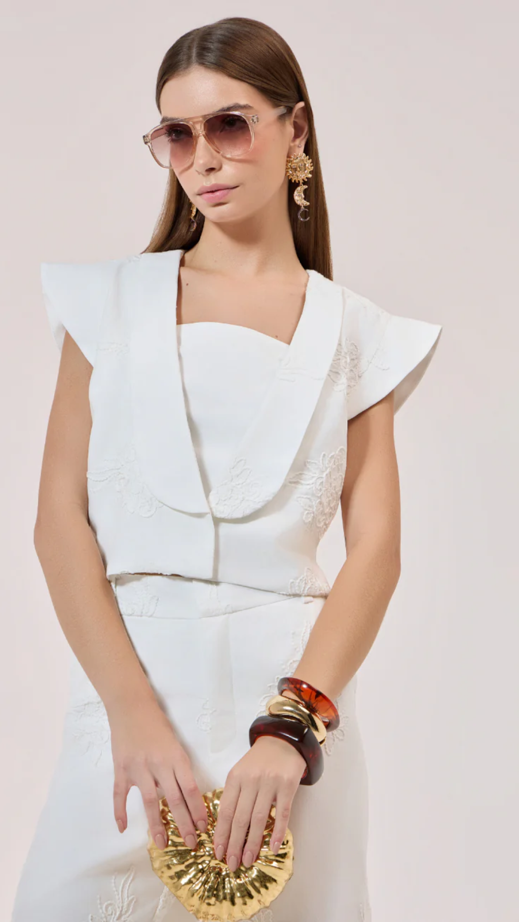 Conjunto Off White Bordado Bermuda - Strass