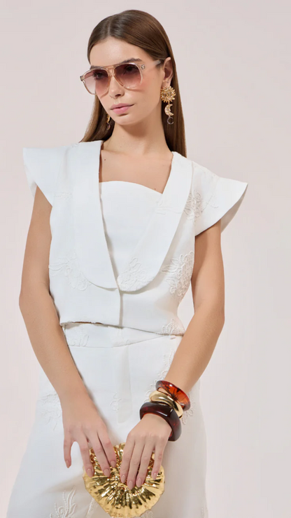 Conjunto Off White Bordado Bermuda - Strass