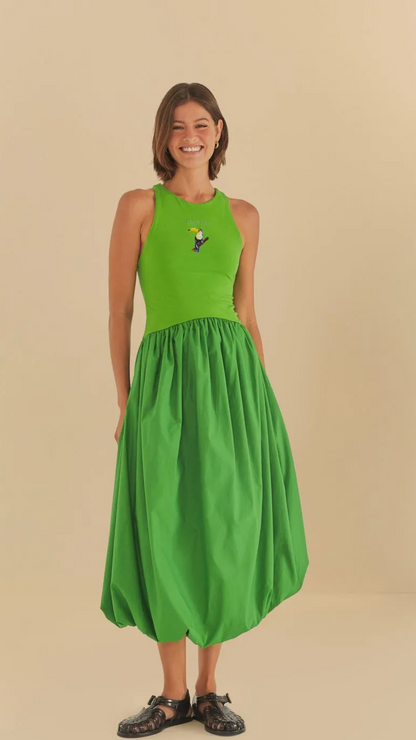 Vestido Verde com Bordado de Tucano e Saia Balonê – Farm Rio