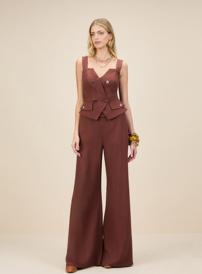 Calça Marrom Textura Botão Dourado Skazi