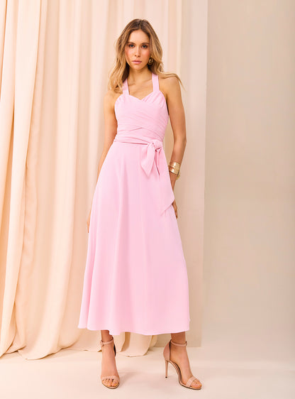 Vestido Rosa Cruzado com Drapeado Skazi