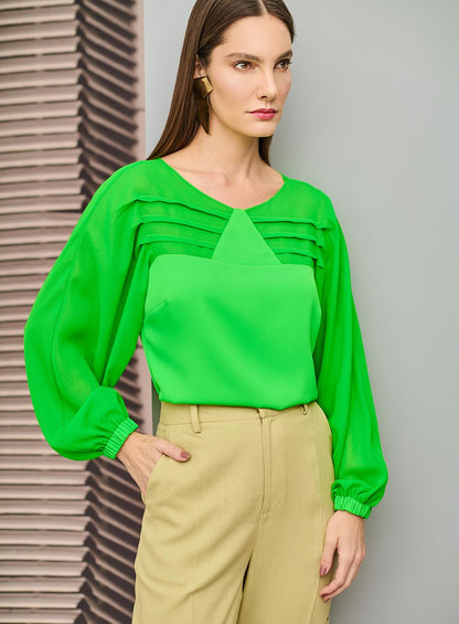 Blusa Pleated Sleeves Verde Tufi Duek -SALE