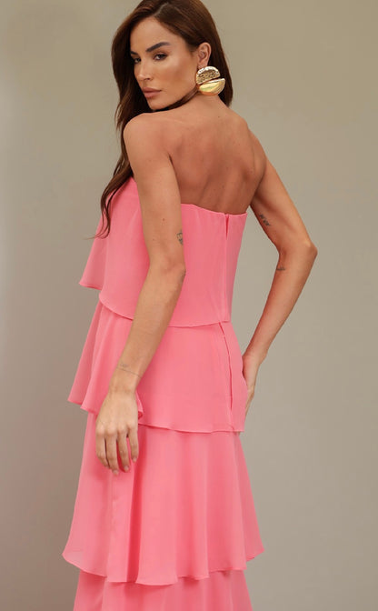 Vestido Vermelho ou Rosa Babados em Camadas Amicci