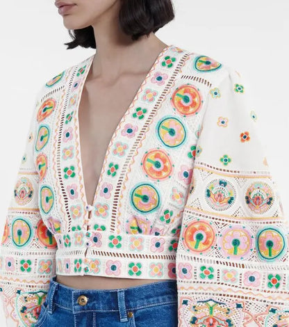 Cropped Off White Bordado Colorido Marie Mercié