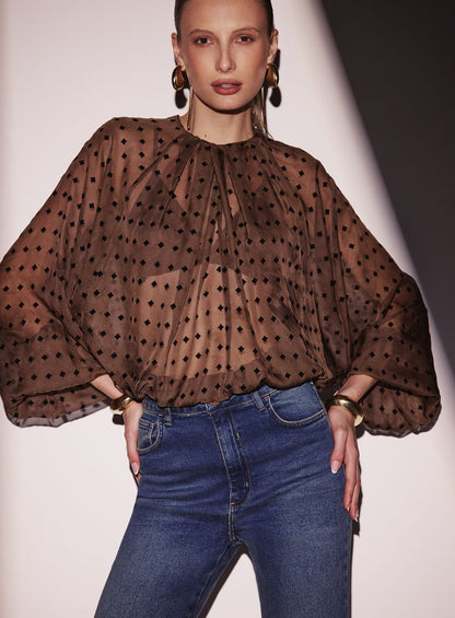 Blusa Puff Losango Flocado Marrom Tufi Duek -SALE