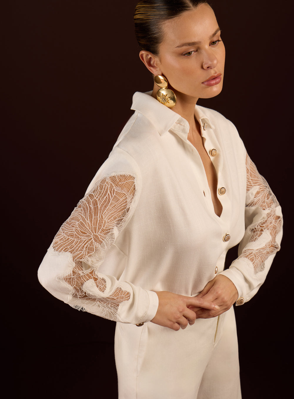 Camisa Off White ou Amarela com Renda em Linho Skazi