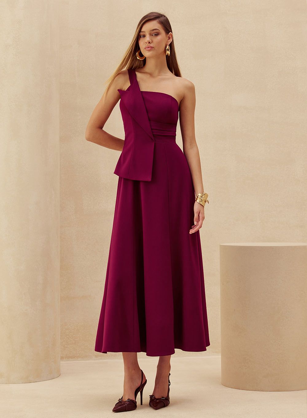 Vestido Vinho Midi Ombro Só Skazi