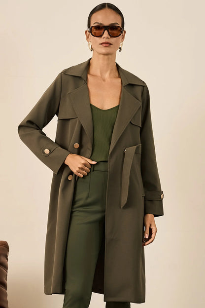 Trench Coat Verde Militar Longo Fleche D’Or