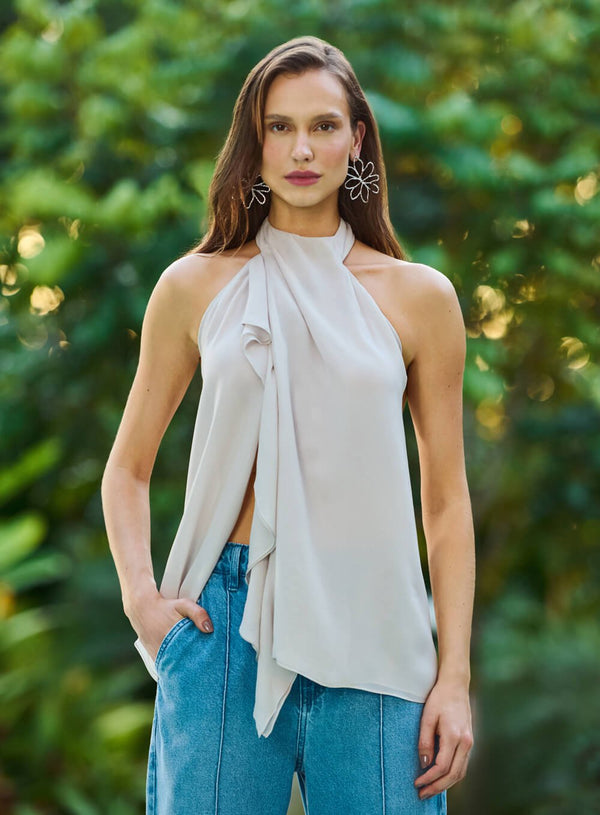 Blusa Trespasse com Jabot Cinza Skazi -SALE