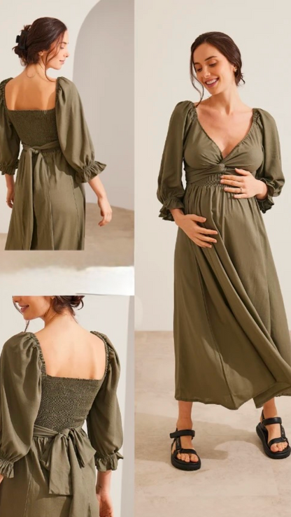 Vestido Verde Amamentação Manga Bufante - Agora sou mãe