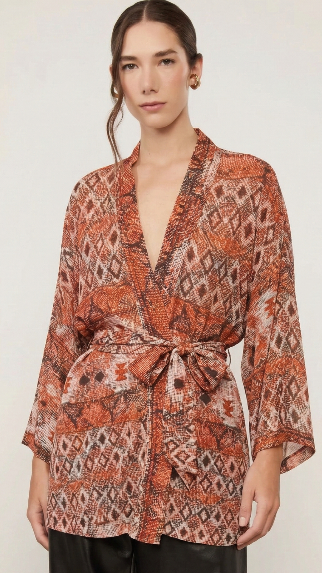 Kimono Estampado Terracota com Amarração na Cintura – Animale