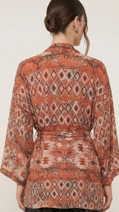 Kimono Estampado Terracota com Amarração na Cintura – Animale