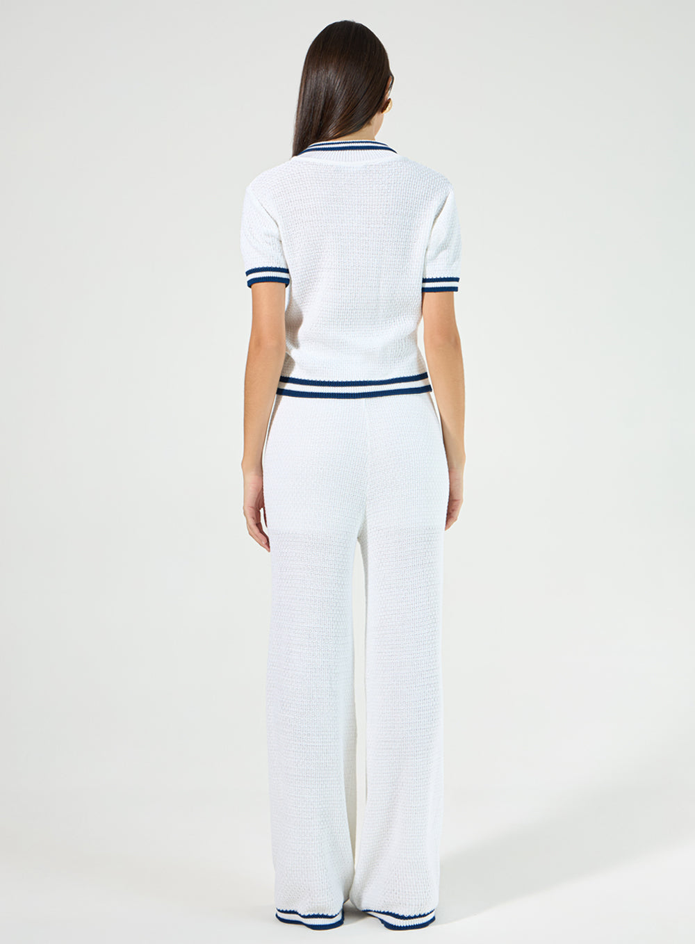 Conjunto Off White Blusa Polo Listras Azul em Tricot Tufi Duek