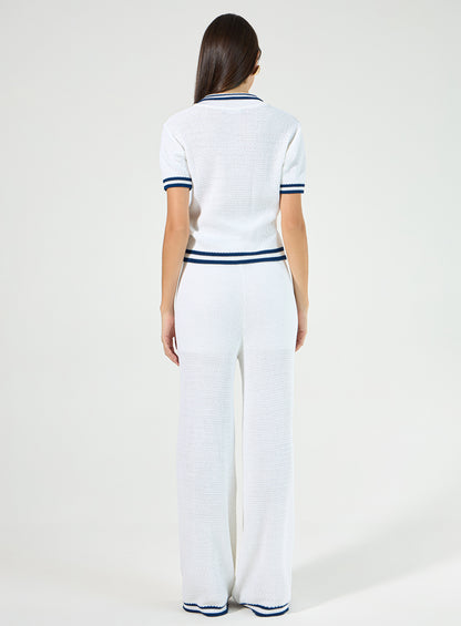 Conjunto Off White Blusa Polo Listras Azul em Tricot Tufi Duek