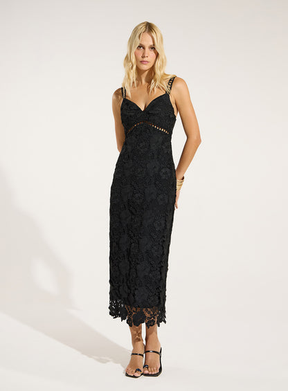 Vestido Preto Mídi em Renda Guipir Skazi