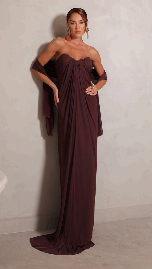 Vestido Marrom em Tule Drapeado Amicci