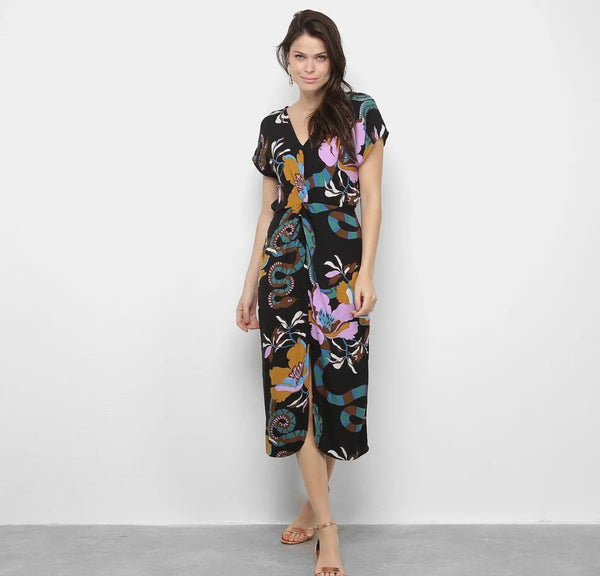 Vestido Preto Estampa Flor e Cobra Cantão