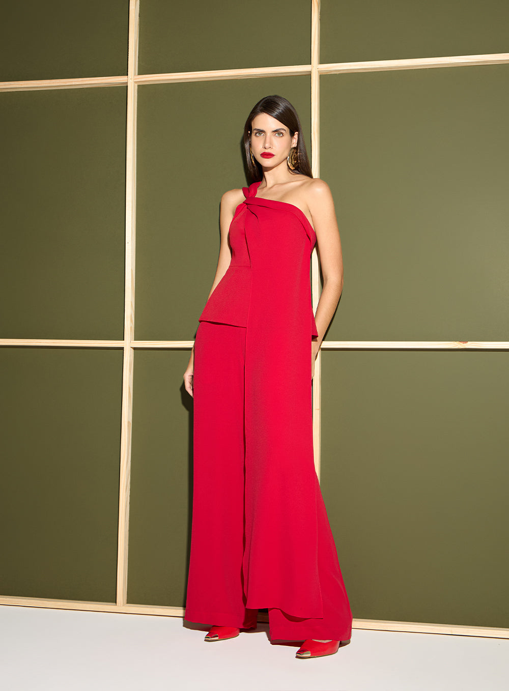 Macacão Vermelho Ombro Só em Crepe Tufi Duek