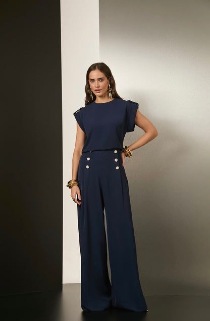 Conjunto Azul Com Detalhe Botão Blusa e Calça Siena