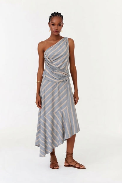Vestido Azul Listras Nude Ombro Só Maria Filó