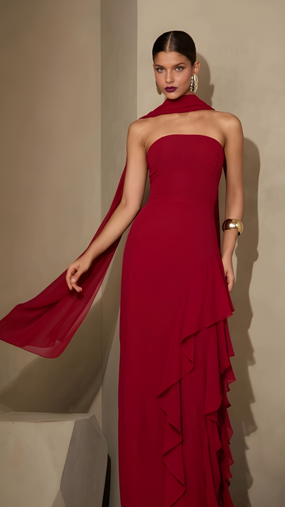 Vestido Vermelho ou Azul Longo com Detalhes de Babados – Amicci