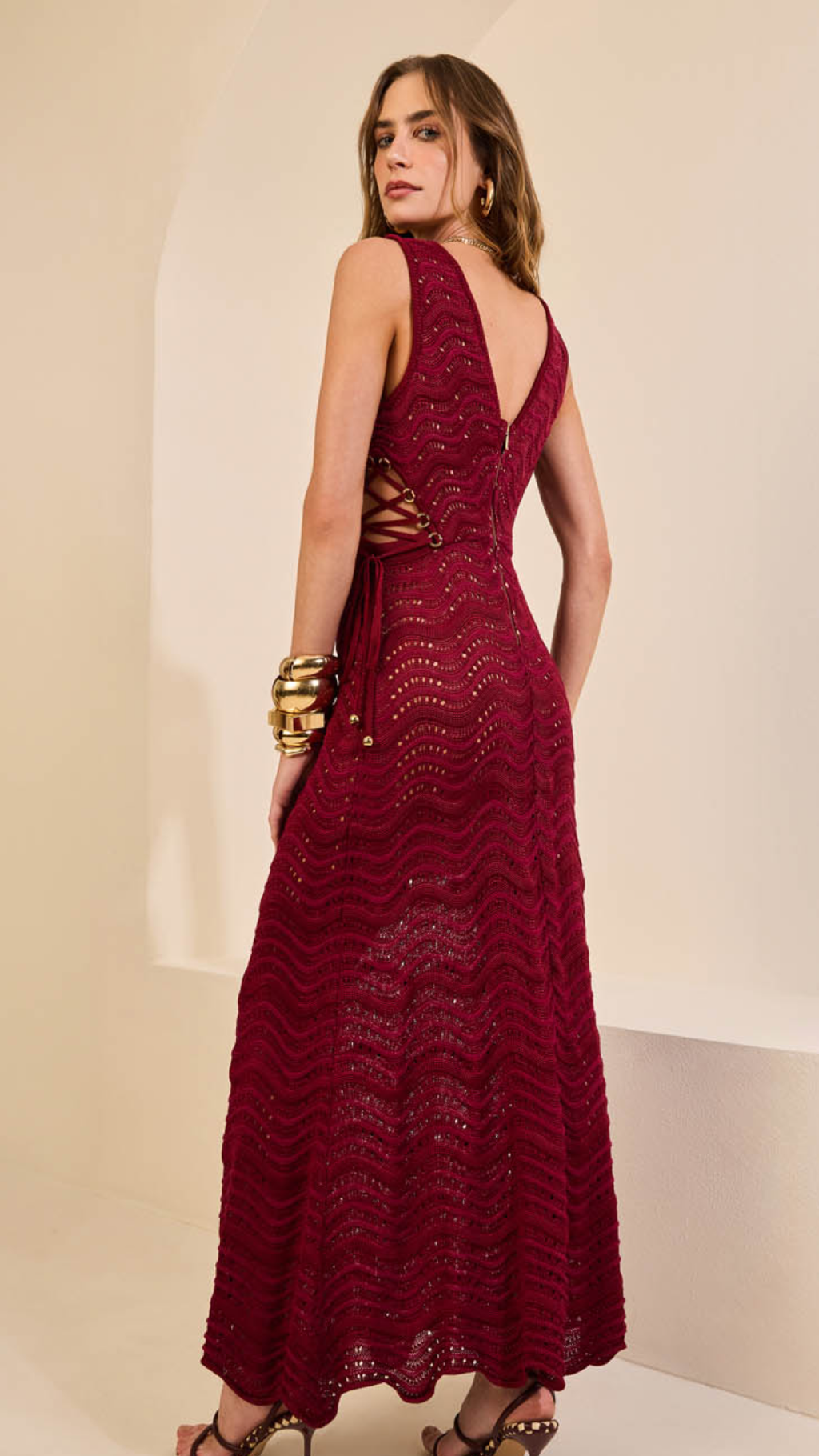 Vestido Longo Vinho Tricot Vazado Skazi