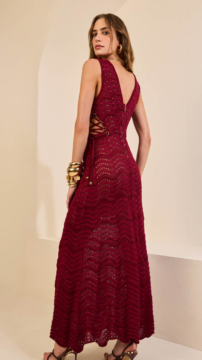 Vestido Longo Vinho Tricot Vazado Skazi