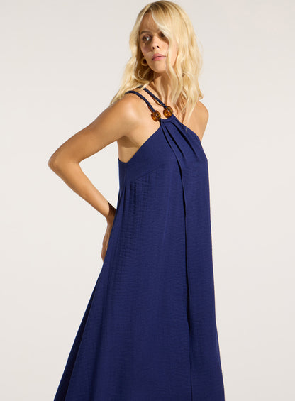 Vestido Azul em Linho com Esferas Skazi