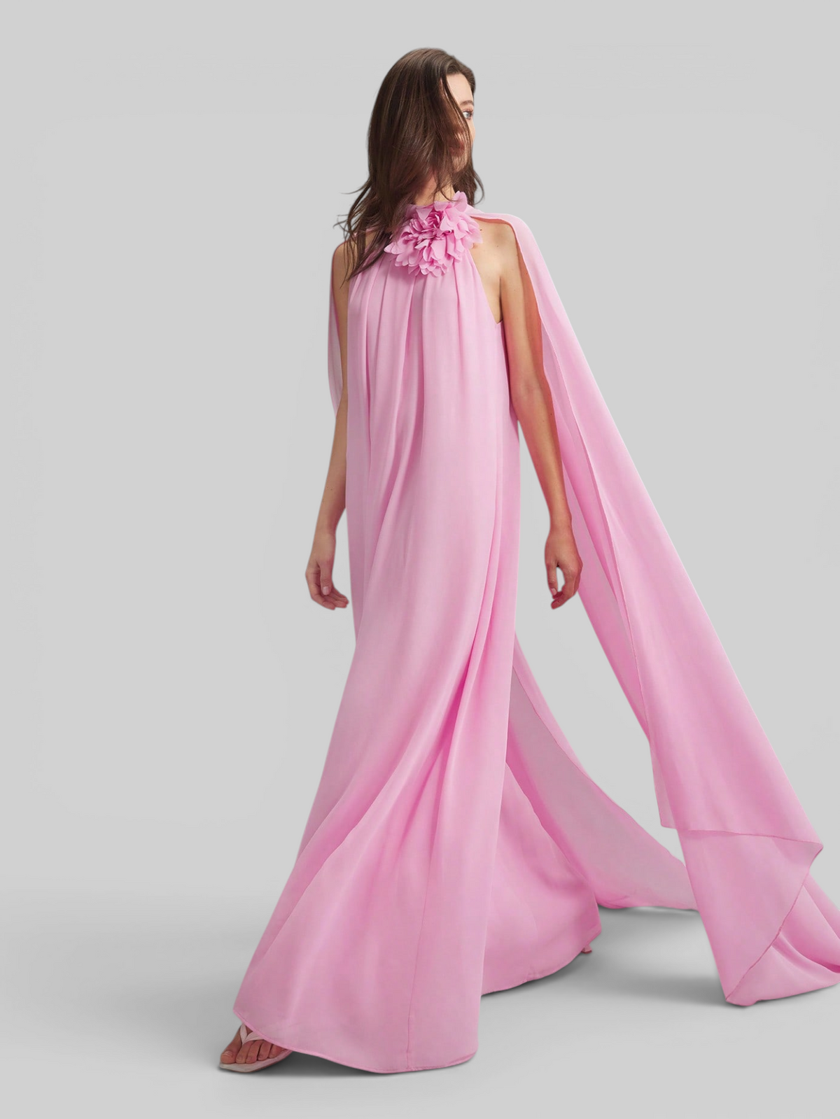 Vestido Rosa Claro Longo com Aplicação de Flor Aurea Dress