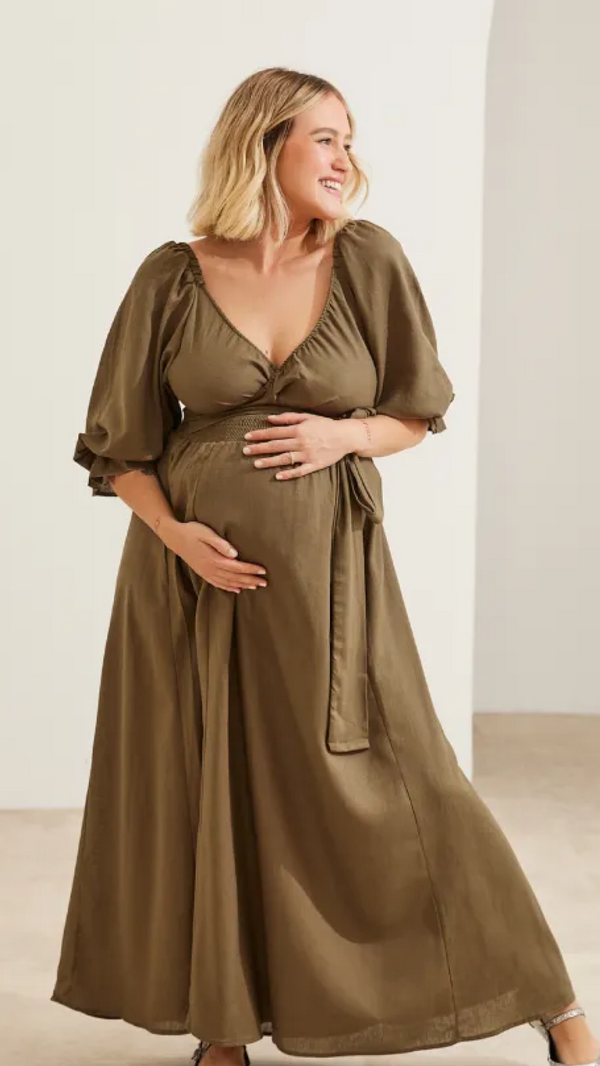 Vestido Verde Amamentação Manga Bufante - Agora sou mãe