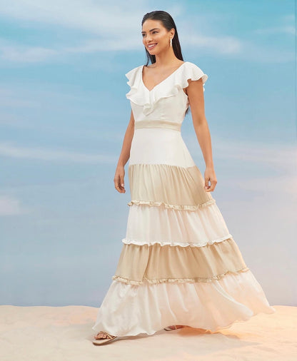 Vestido Off e Nude Babados com Brilho Decência
