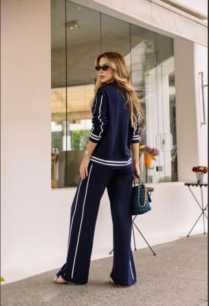 Conjunto Azul Marinho, Off White e Marrom com Listras em Tricot Modal