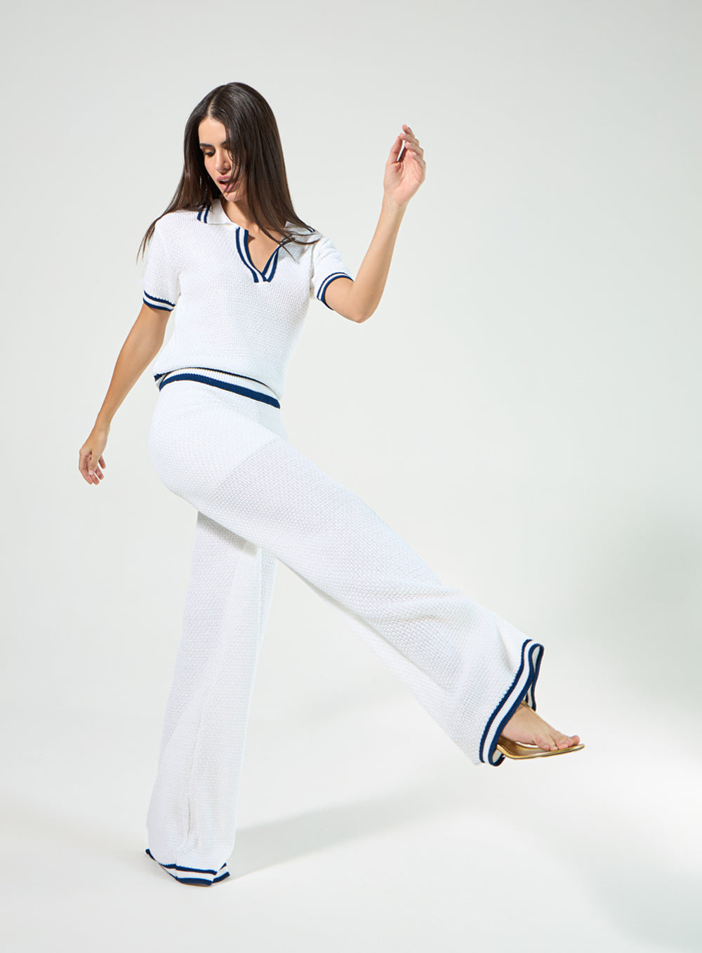 Conjunto Off White Blusa Polo Listras Azul em Tricot Tufi Duek