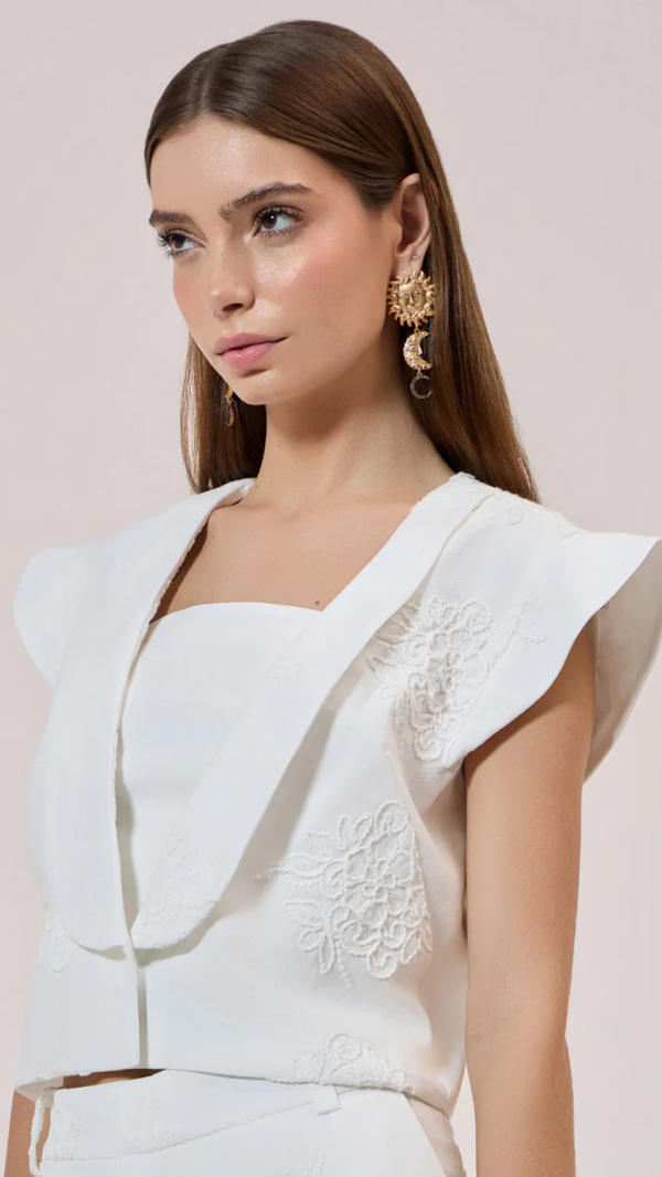 Conjunto Off White Bordado Bermuda - Strass