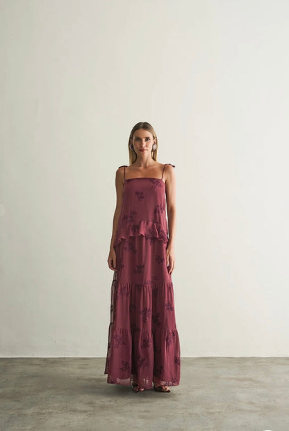 Vestido Rosa ou Vinho Babados Luma Regina Salomão