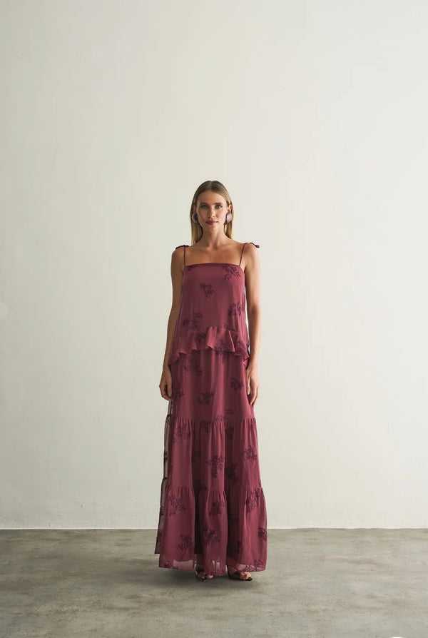 Vestido Rosa ou Vinho Babados Luma Regina Salomão