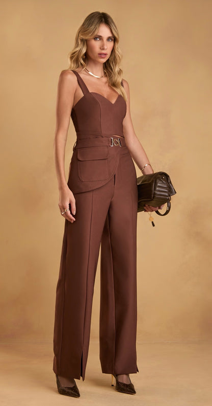 Conjunto com 4 Peças Colete, Cropped, Calça e Cinto Bolso Manie