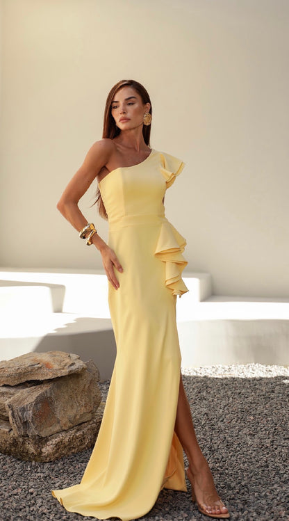 Vestido Ombro Só Babado com Fenda Amicci